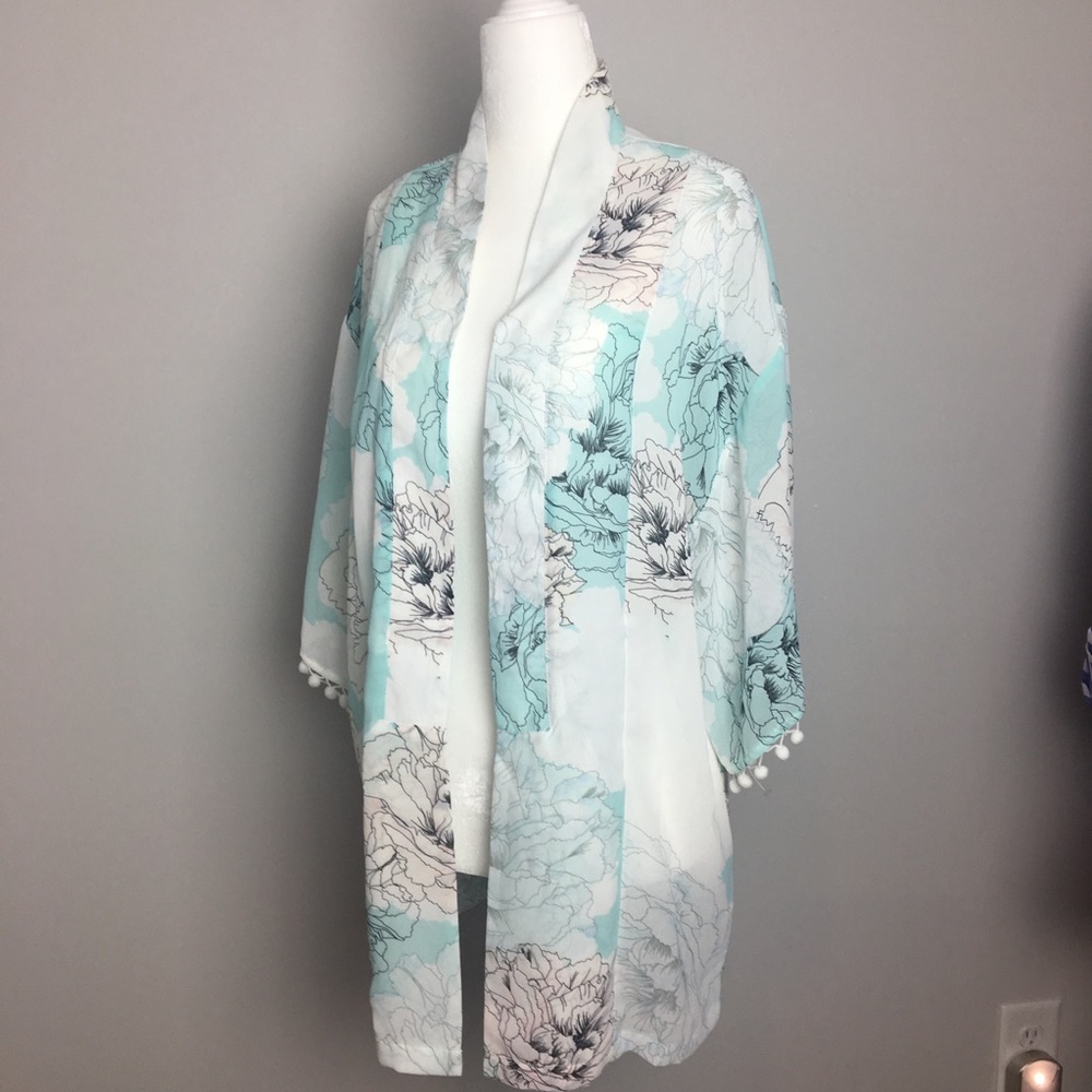 Floral sheer kimono with pom poms